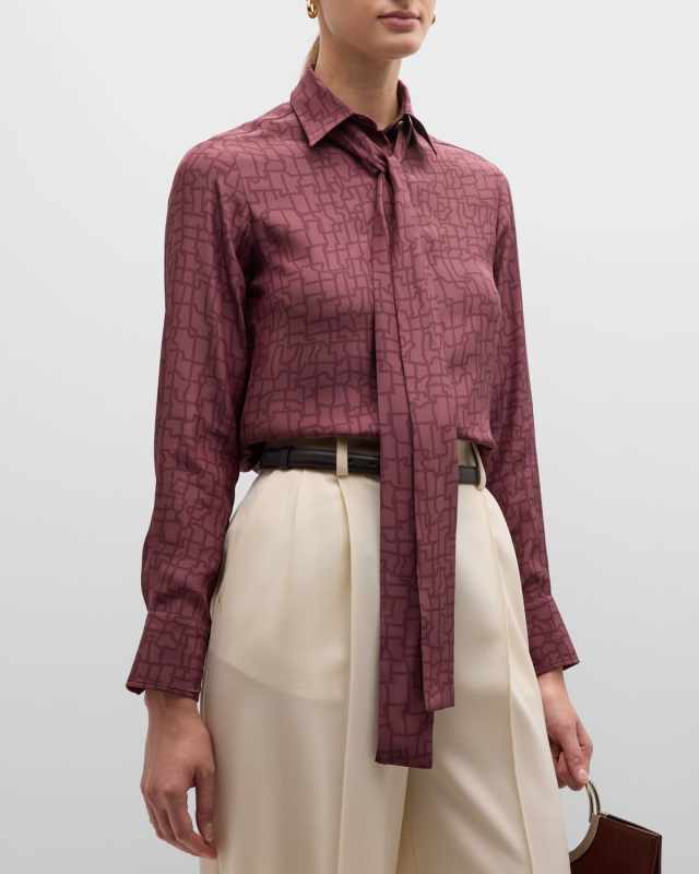 Abstract-Print Neck-Scarf Silk Collared Shirt